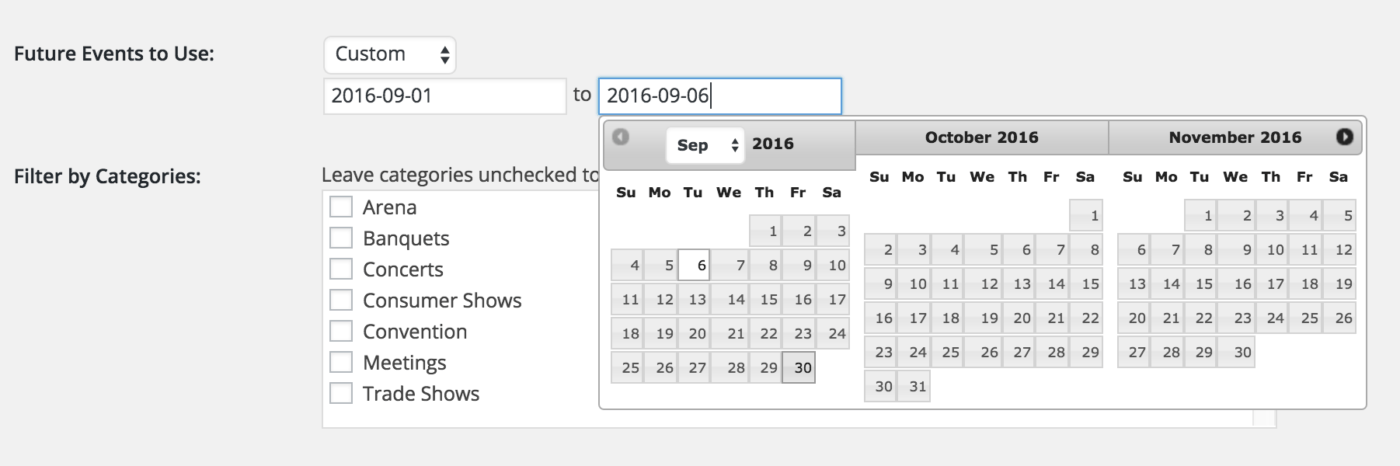custom date range event calendar newsletter