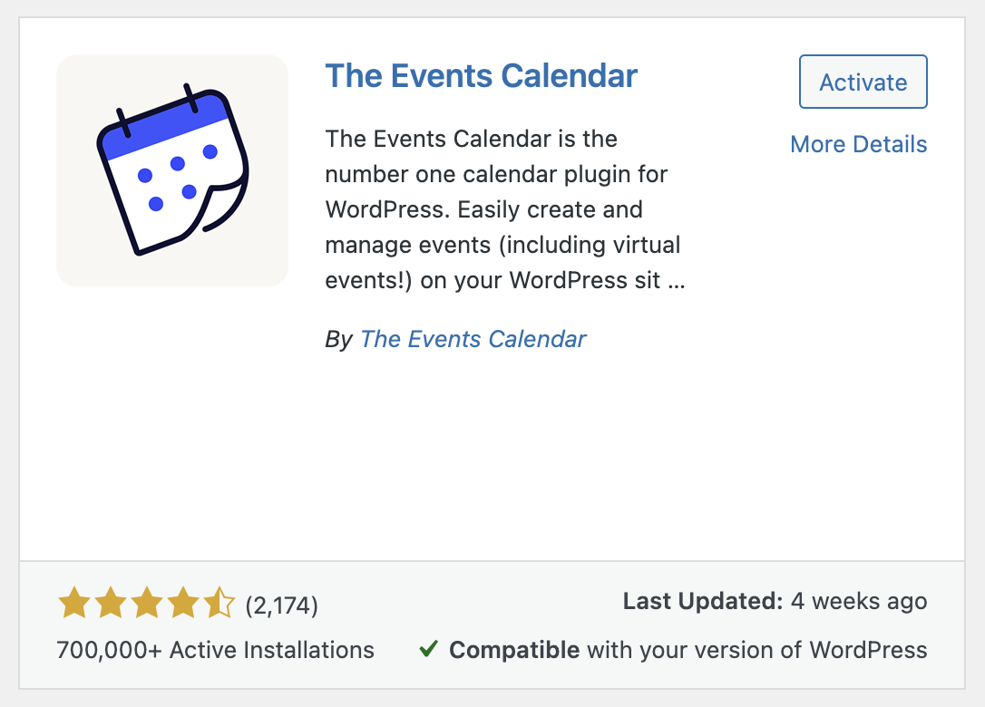 the events calendar plugin activation